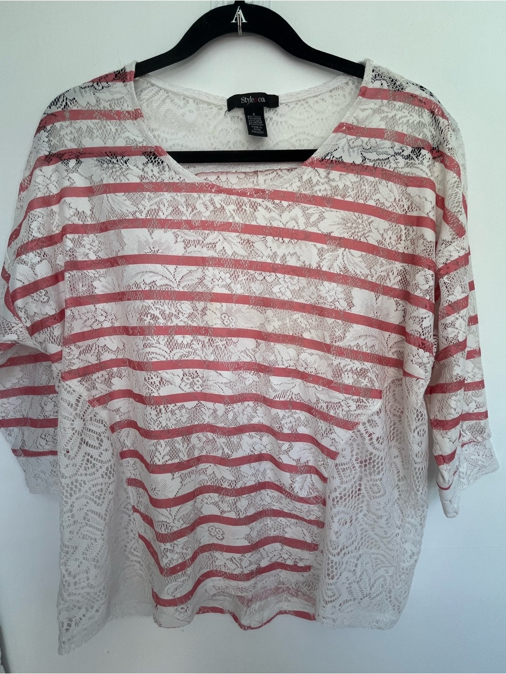 Style & Co. Sheer Lace White Pink Striped Blouse Women’s Size Small